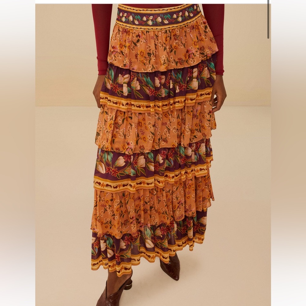 FARM Rio Colorful Birds Camel Purple Tiered Ruffles Maxi Skirt SMALL